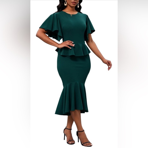 Ruffle Short Sleeve Fishtail Dress Formal Peplum Cocktail Mermaid Dress Elegant - Picture 6 of 7